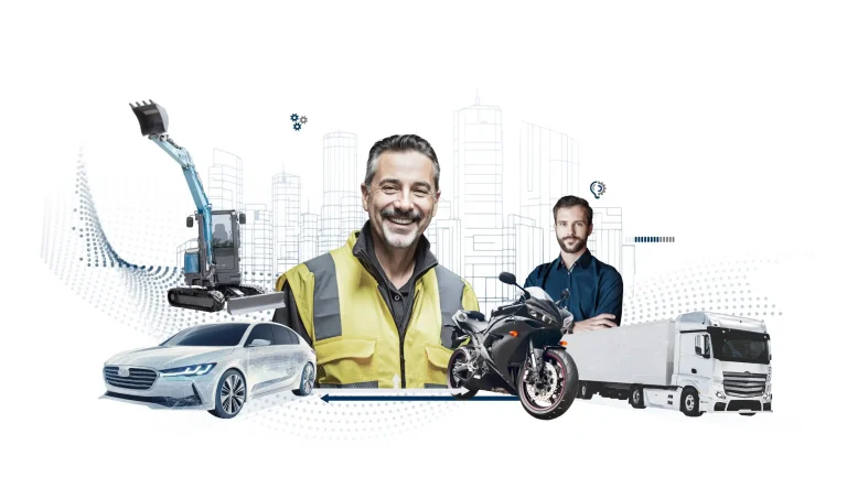 Collage mit Resident Engineer, Fahrzeugen und Baumaschine als Symbol für Qualitätssicherung vor Ort in Industrie, Automotive und Produktion durch die redi-Group.
