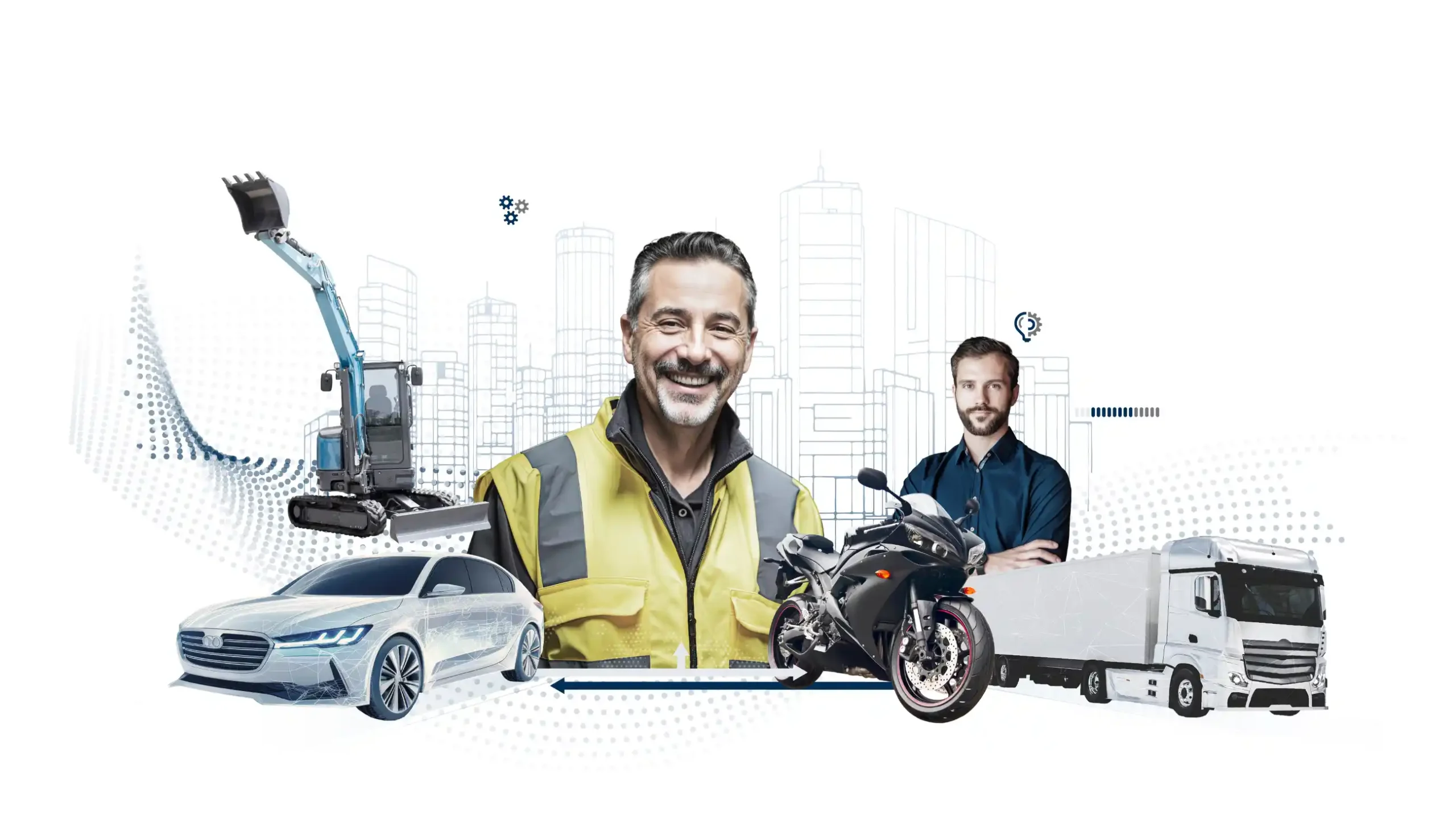 Collage mit Resident Engineer, Fahrzeugen und Baumaschine als Symbol für Qualitätssicherung vor Ort in Industrie, Automotive und Produktion durch die redi-Group.