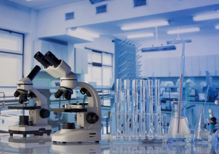 Labor mit Mikroskop und Reagenzgläsern – Qualitätssicherung in Medizintechnik und Pharma